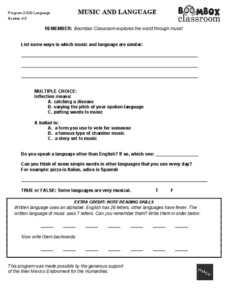 Boombox Classroom: Music and Language Worksheet