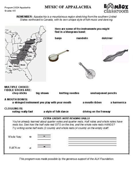 Boombox Classroom: Music of Appalachia Worksheet