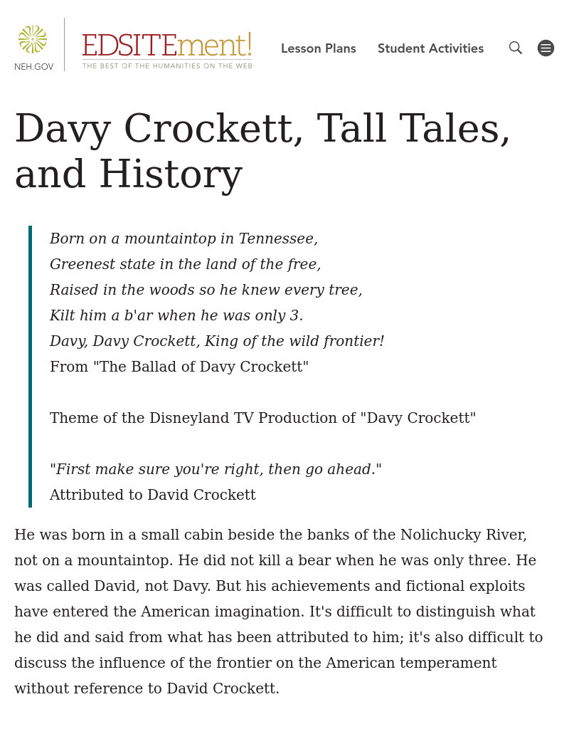 Born on a Mountaintop? Davy Crockett, Tall Tales, and History Lesson Plan