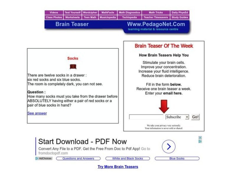 Brain Teaser - Socks Worksheet