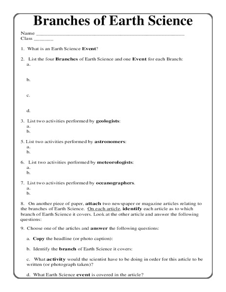 Branches of Earth Science Worksheet