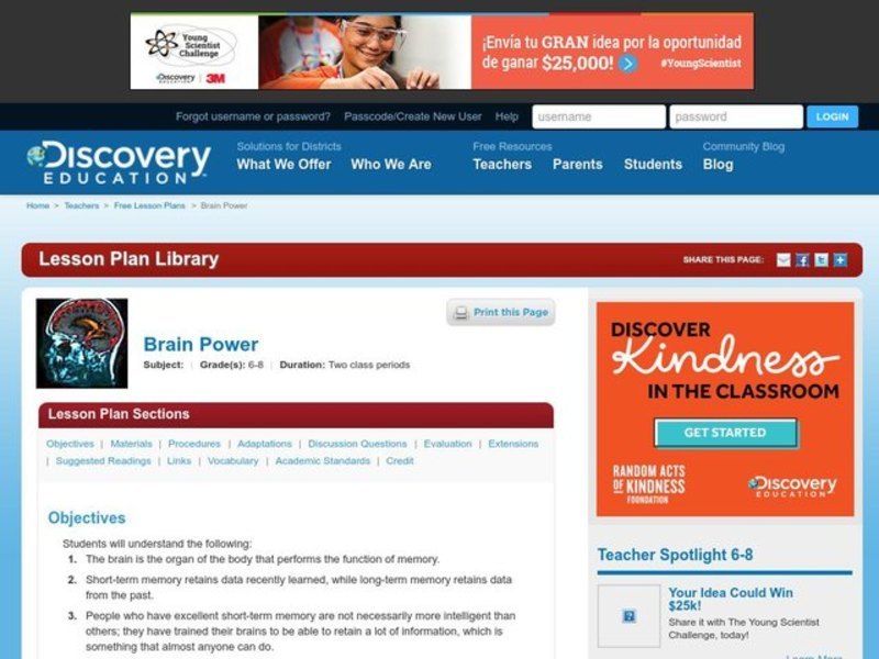 Brain Power Lesson Plan