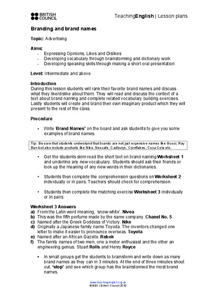 Branding and Brand Names Lesson Plan