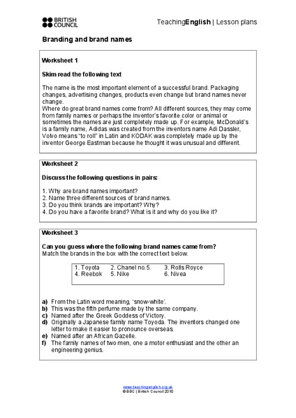 Branding and Brand Names Worksheet