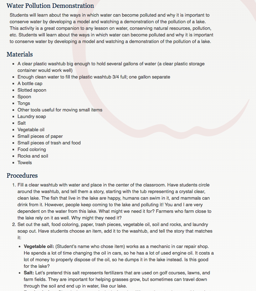Water Pollution Demonstration Activity