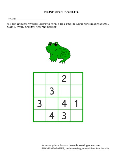 Brave Kid Sudoku 4x4 Worksheet