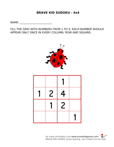 Brave Kid Sudoku 4x4 Worksheet