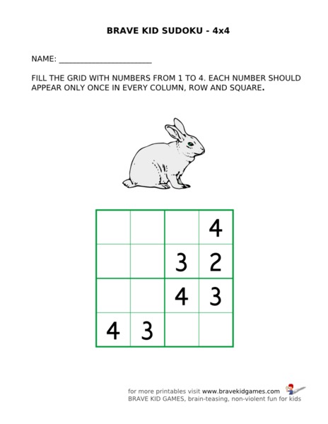 Brave Kid Sudoku 4x4 Worksheet