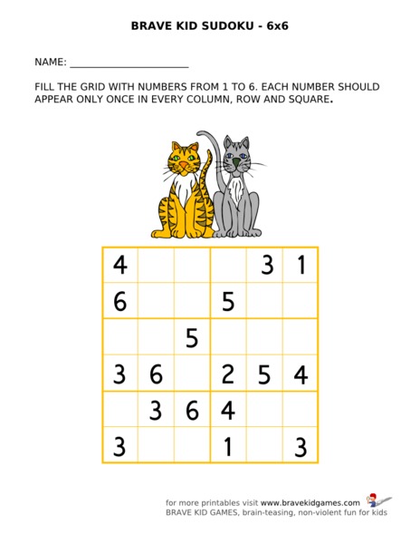 Brave Kid Sudoku 6 x 6 Worksheet