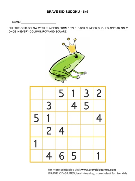 Brave Kid Sudoku 6x6 Worksheet