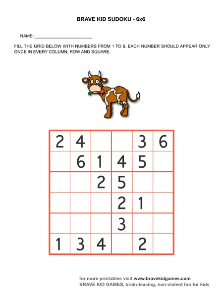 Brave Kid Sudoku 6 x 6 Worksheet