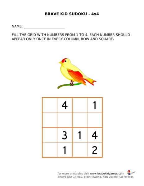 Brave Kid Sudoku 4x4 Worksheet