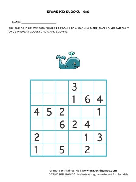 Brave Kid Sudoku 6x6 Worksheet