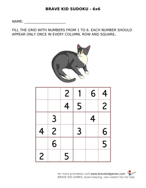 Brave Kid Sudoku 6x6 Worksheet