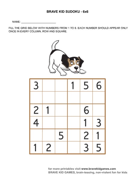 Brave Kid Sudoku 6x6 Worksheet
