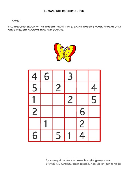 Brave Kid Sudoku 6x6 Worksheet