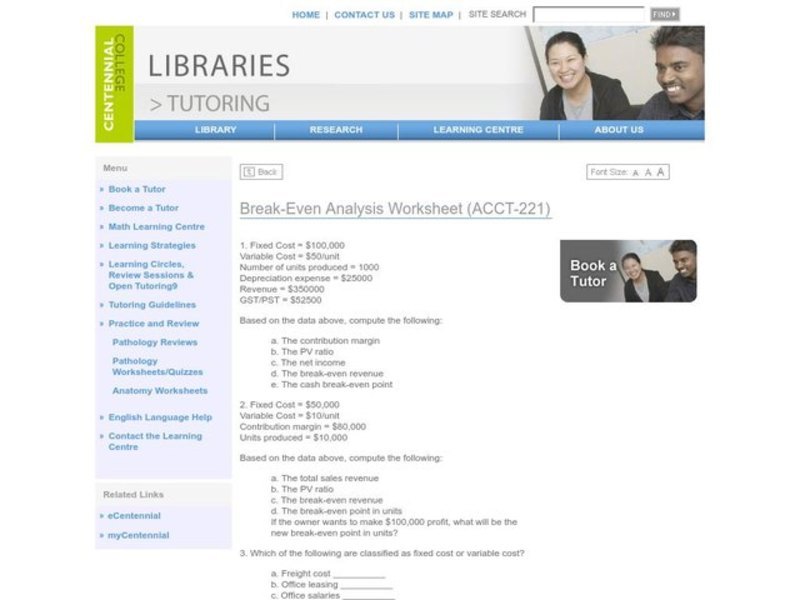 Break-Even Analysis Worksheet Worksheet
