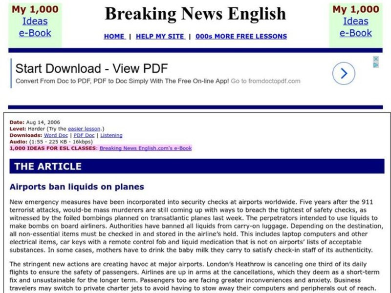 Breaking News English: Airports Ban Liquids on Planes Worksheet