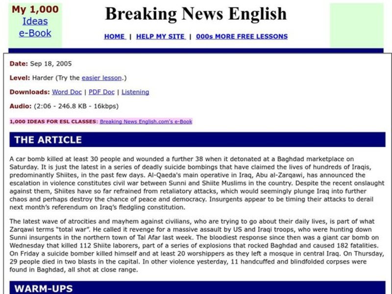 Breaking News English: Baghdad Car bomb Kills 30 Worksheet