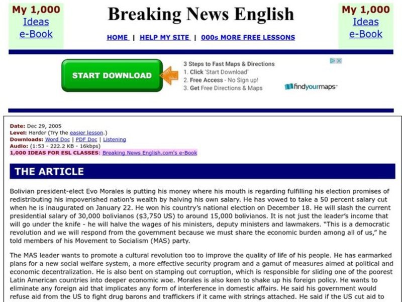 Breaking News English: Bolivian Leader to Halve Own Salary Worksheet