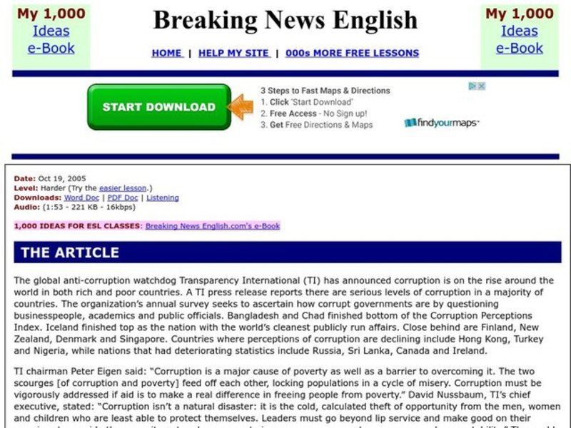 Breaking News English: Corruption Widespread in 70 Countries Worksheet