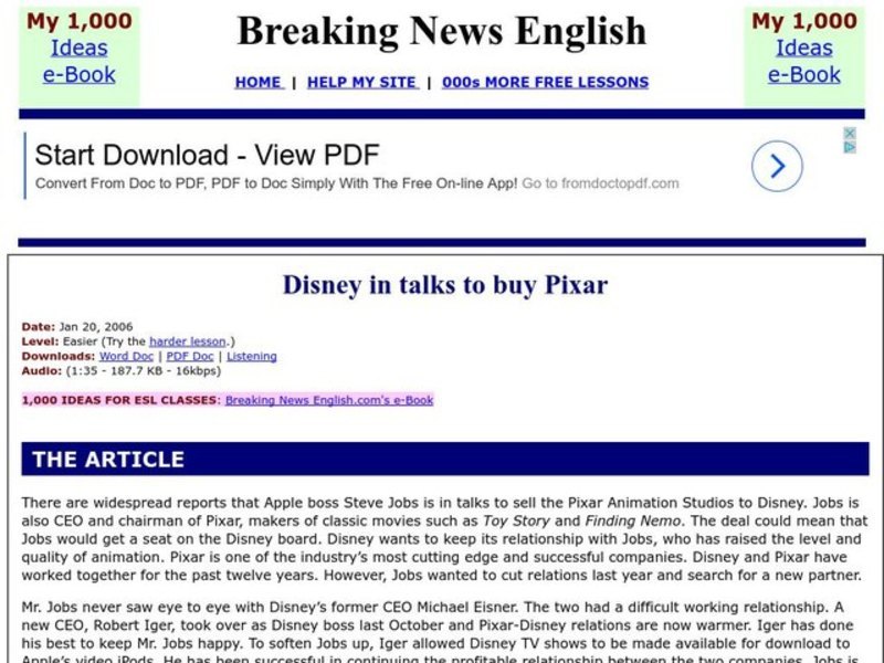 Breaking News English: Disney in Talks to Buy Pixar Interactive