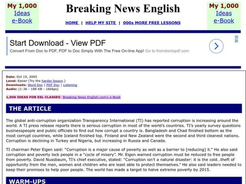 Breaking News English: Corruption Widespread in 70 Countries Worksheet