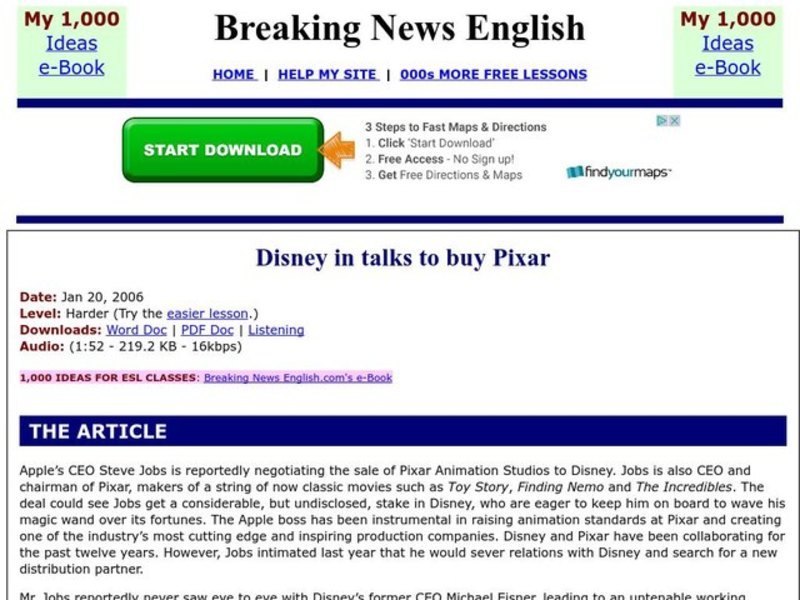 Breaking News English: Disney in Talks to Buy Pixar Worksheet