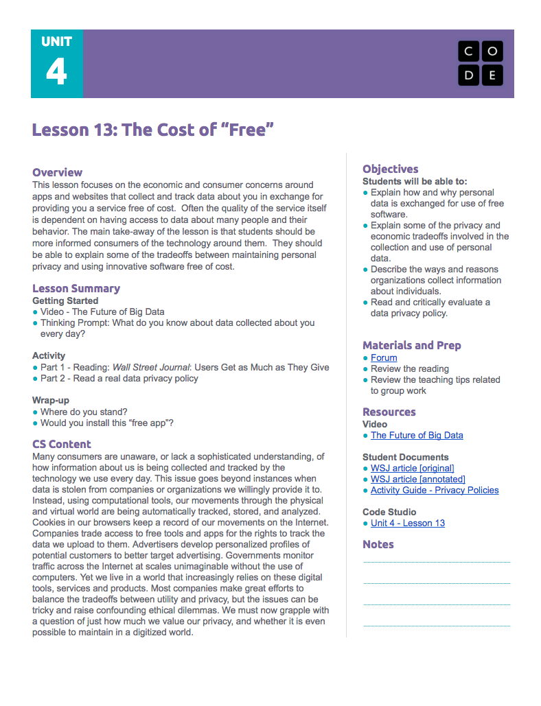 The Cost of "Free" Lesson Plan