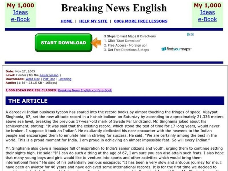 Breaking News English: Indian Breaks Hot-Air Balloon Record Worksheet
