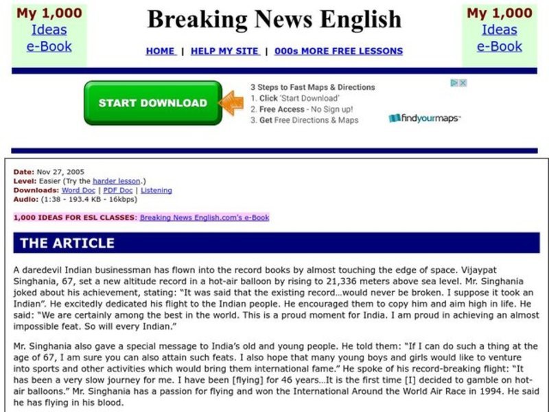 Breaking News English: Indian Breaks Hot-Air Balloon Record Worksheet