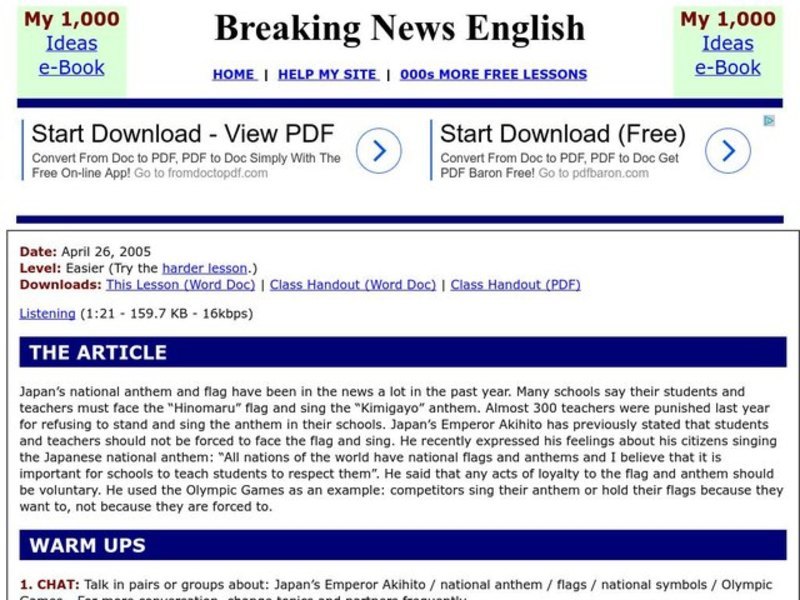 Breaking News English: Japanese Emperor and Anthem Worksheet