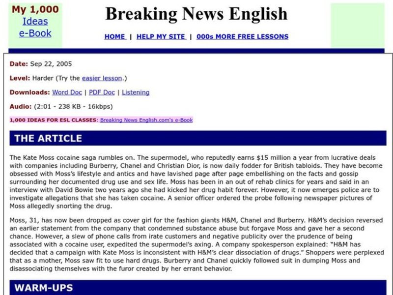 Breaking News English: Kate Moss Axed over Drug Scandal Worksheet