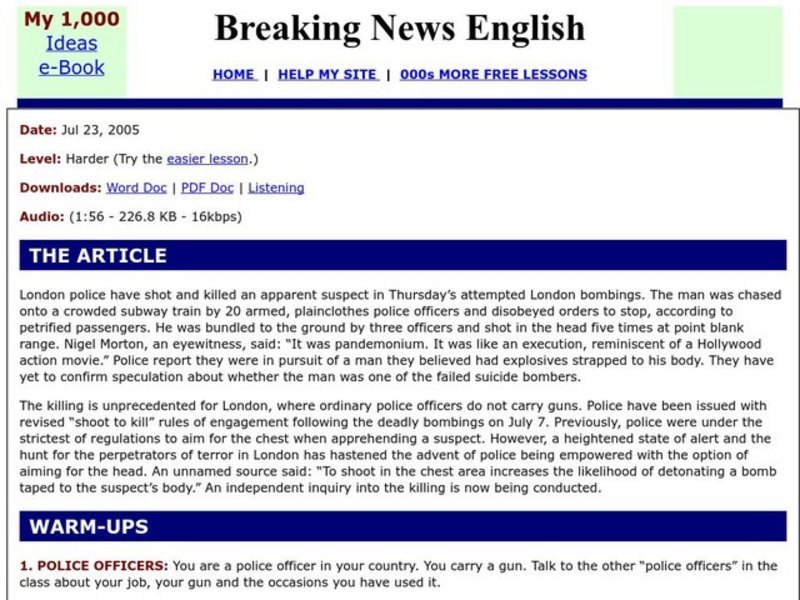 Breaking News English: London Police Shoot to Kill Worksheet