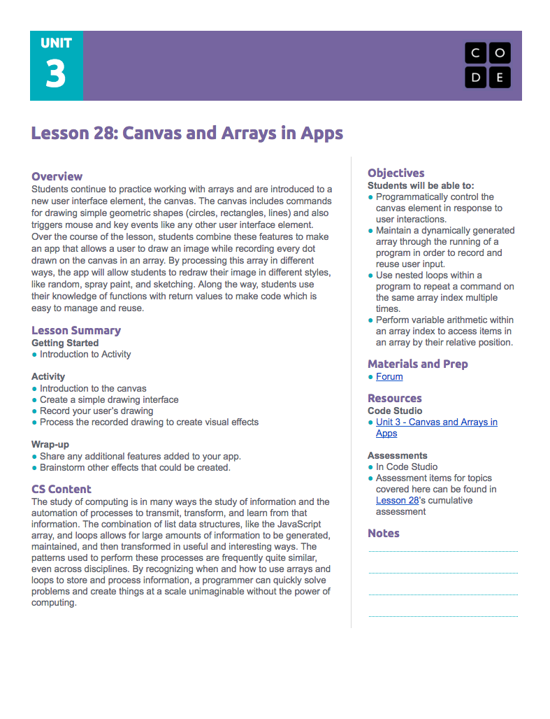 Canvas and Arrays in Apps Lesson Plan