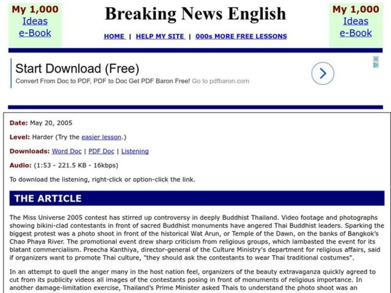 Breaking News English: Miss Universe Pageant Angers Thais Worksheet