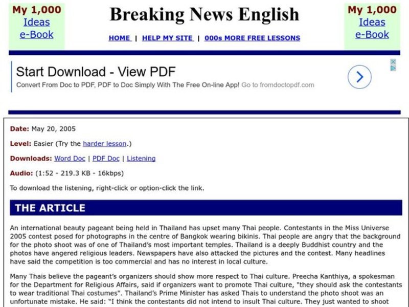 Breaking News English: Miss Universe Pageant Angers Thais Worksheet