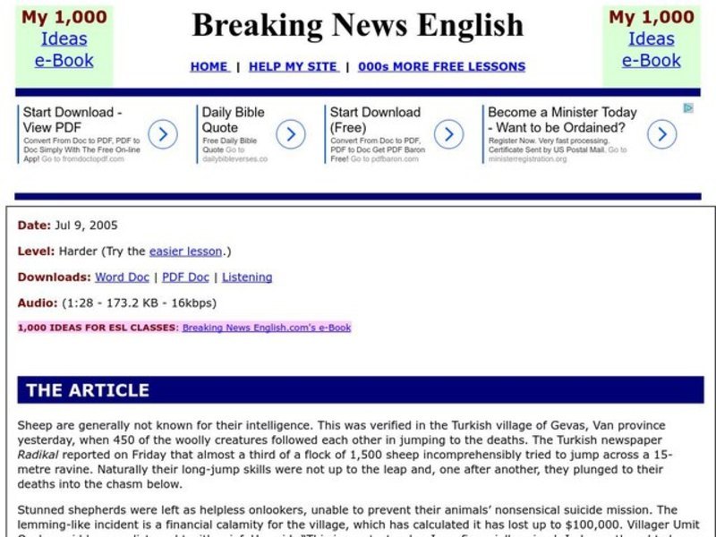 Breaking News English: Sheep Suicides Cause Financial Ruin Worksheet