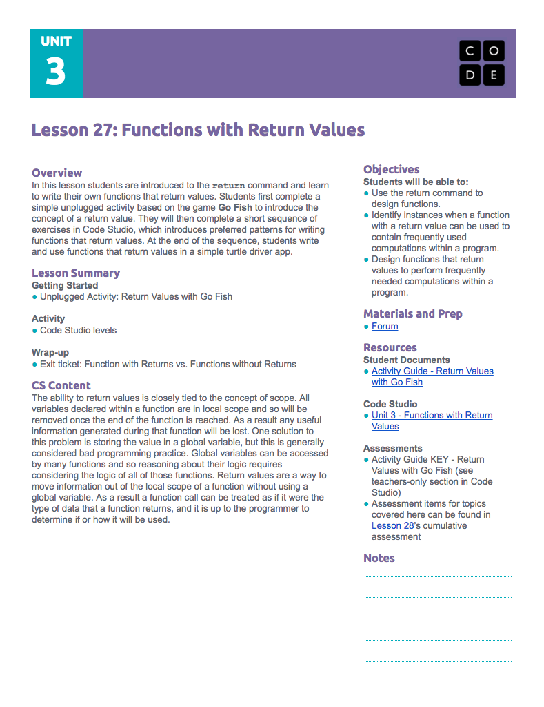 Functions with Return Values Lesson Plan