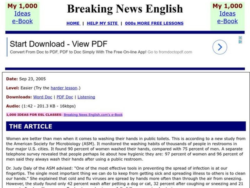 Breaking News English: Women Wash Hands More Often Than Men Organizer