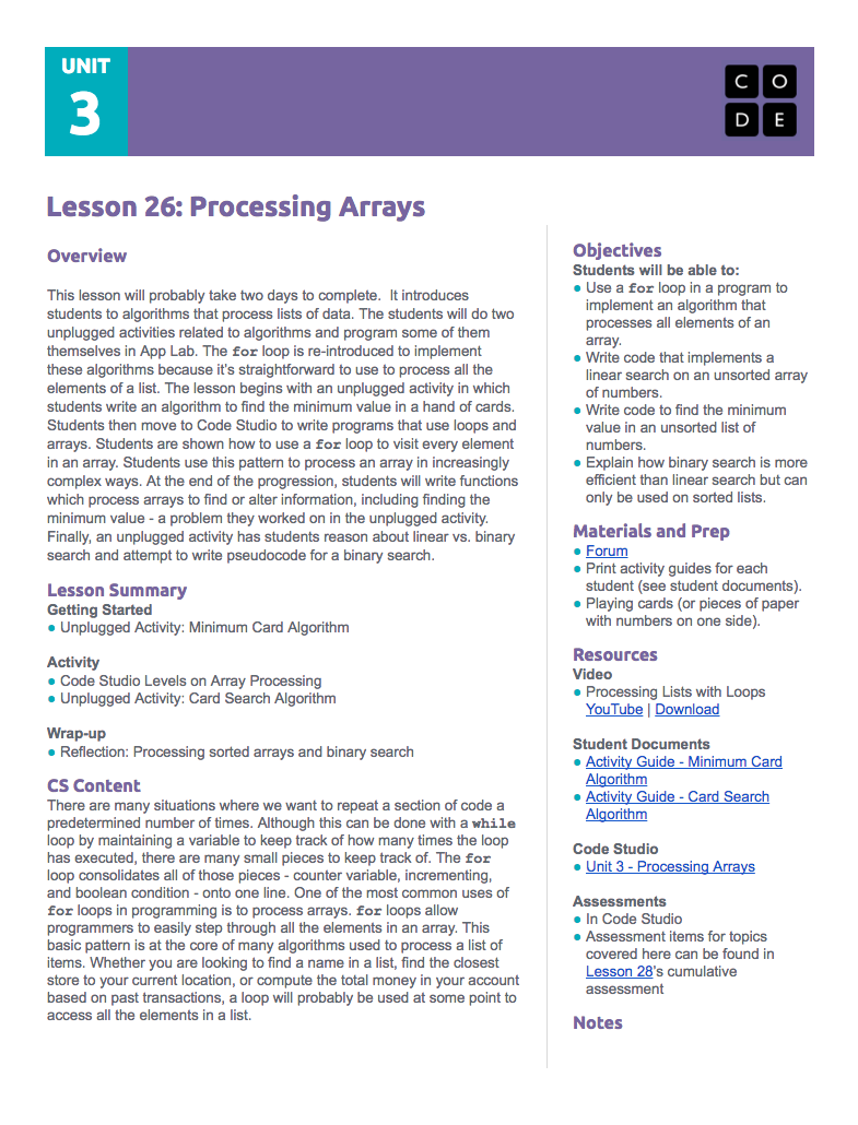 Processing Arrays Lesson Plan