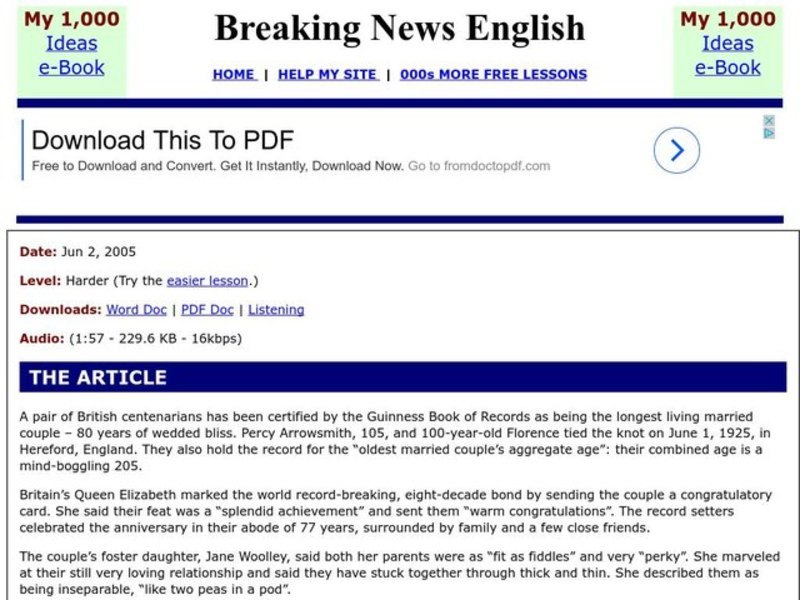 Breaking News English: World Record 80 Years of Marriage Worksheet