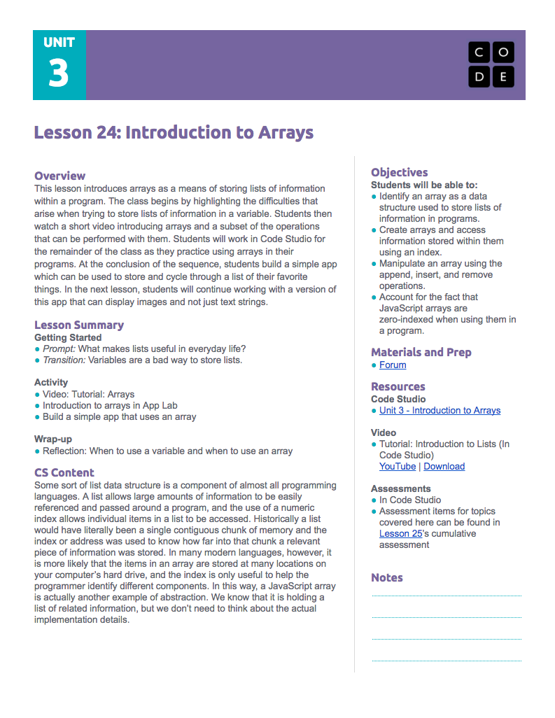 Introduction to Arrays Lesson Plan
