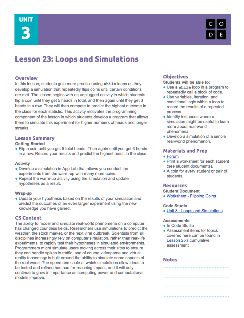 Looping and Simulation Lesson Plan