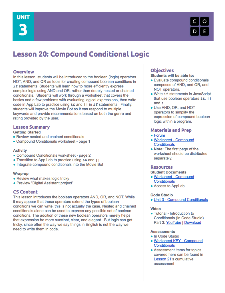 Compound Conditional Logic Lesson Plan