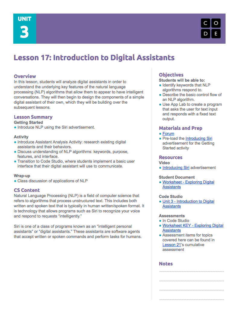 Introduction to Digital Assistant Project Lesson Plan