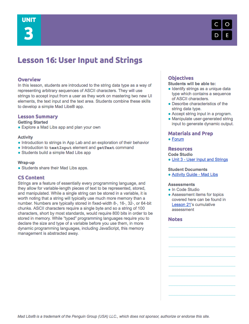 User Input and Strings Lesson Plan
