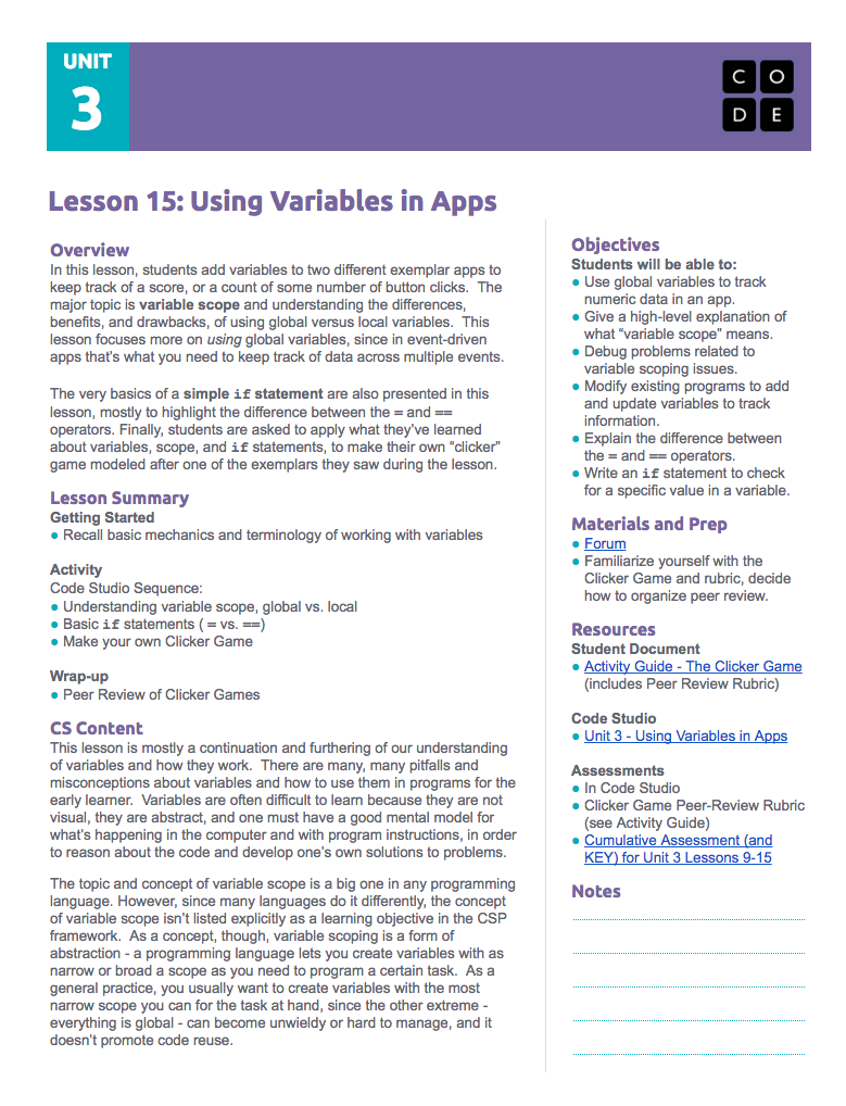 Using Variables in Apps Lesson Plan