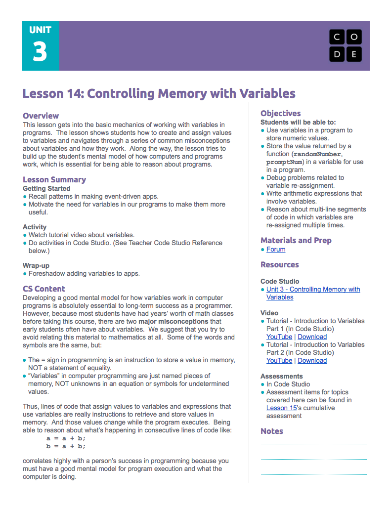 Controlling Memory with Variables Lesson Plan