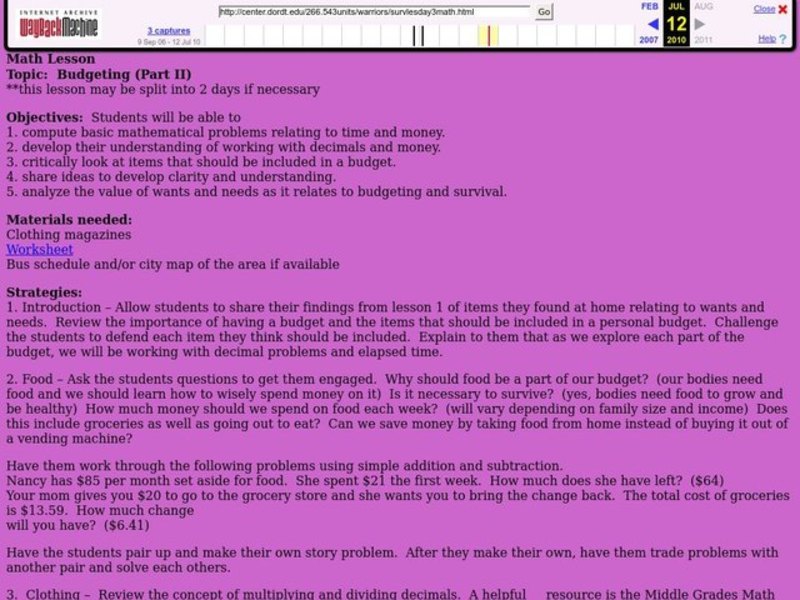 Budgeting Lesson Plan